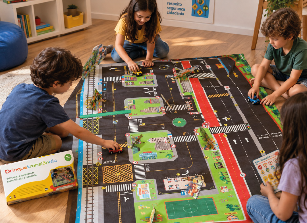 Crianças brincando juntas com a pista educativa Transitolândia