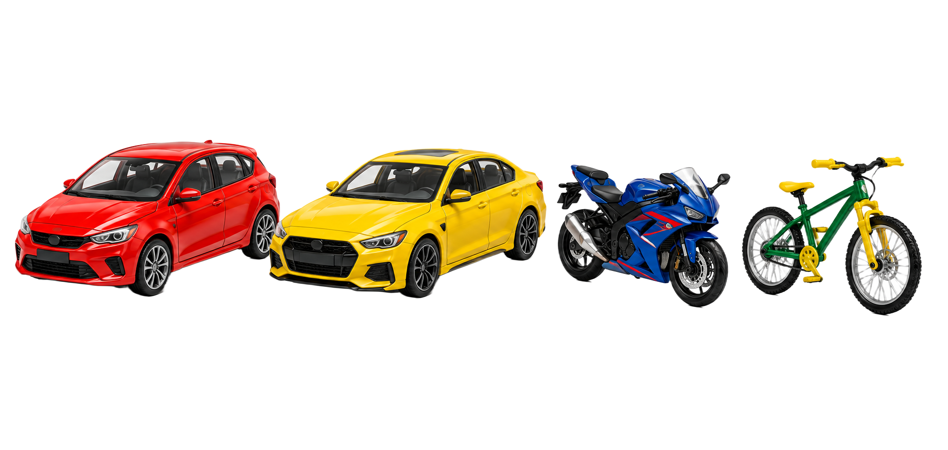 Kit de veículos em miniatura na escala 1:43: dois carros coloridos, motocicleta azul e bicicleta verde
